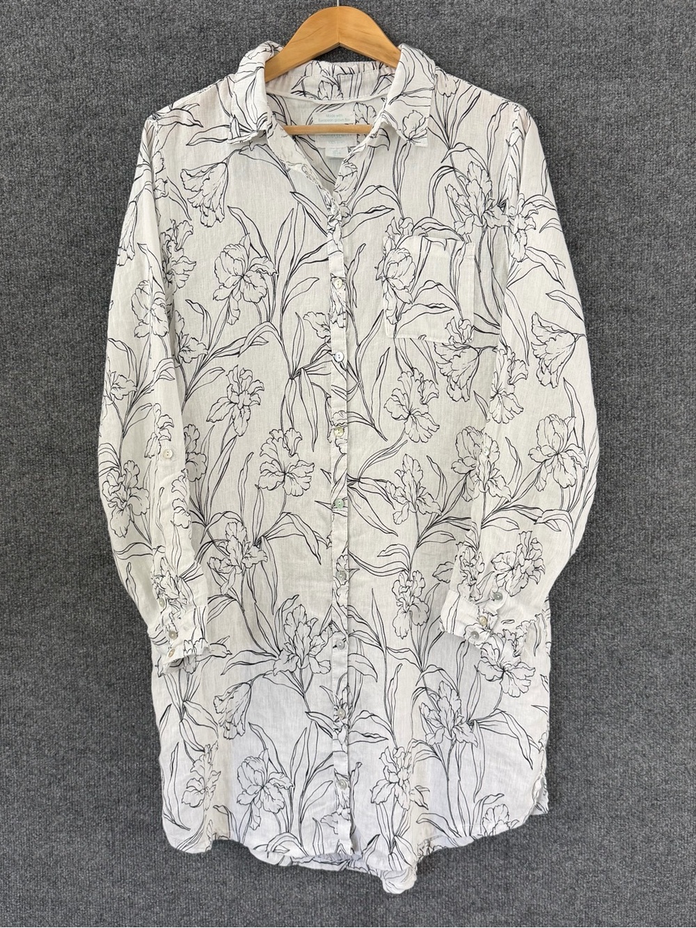 Cynthia Rowley Womens Linen Floral Shirt Dress Size Large White Black Vacation
